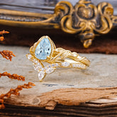 Nature-Inspired 3-Prong Oval-Cut Aquamarine Engagement Ring Set with Vine Accents